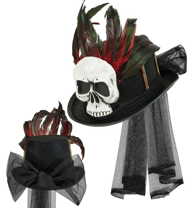 Schwarzer Voodoo Zylinder mit Totenkopf und Knochen als Halloween-Accessoire