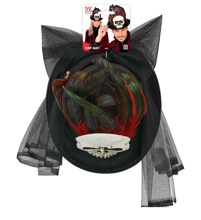 Schwarzer Voodoo Zylinder mit Totenkopf und Knochen als Halloween-Accessoire