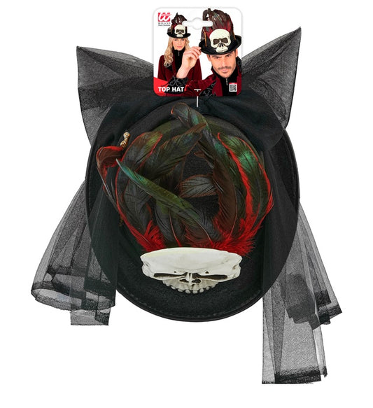 Schwarzer Voodoo Zylinder mit Totenkopf und Knochen als Halloween-Accessoire