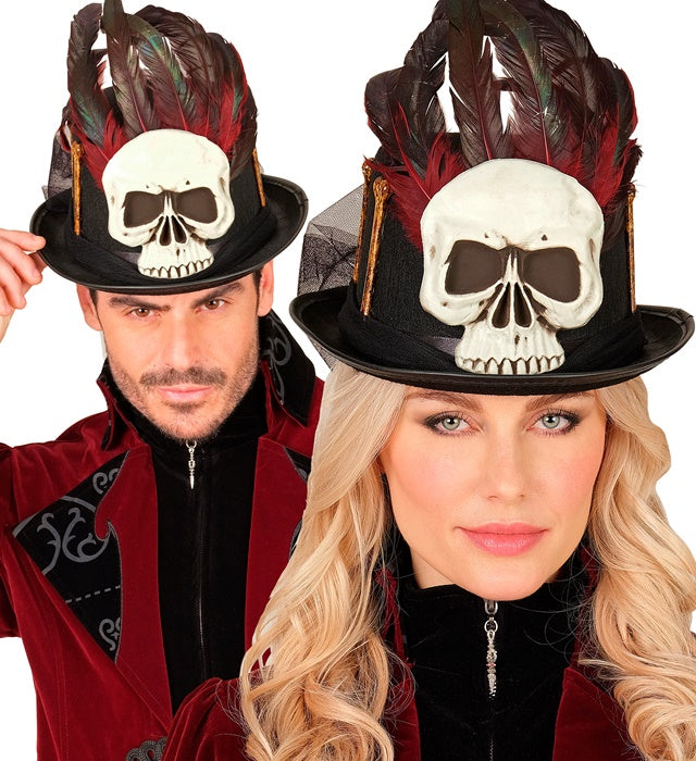 Schwarzer Voodoo Zylinder mit Totenkopf und Knochen als Halloween-Accessoire