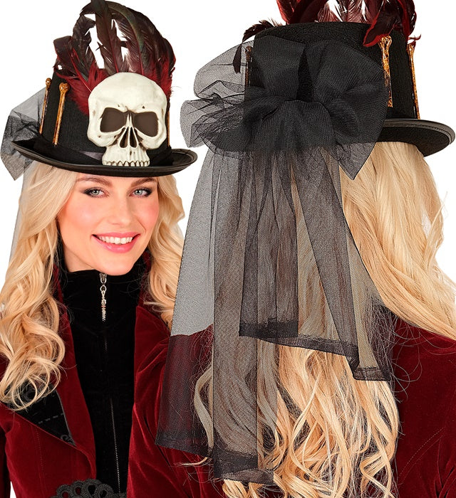 Schwarzer Voodoo Zylinder mit Totenkopf und Knochen als Halloween-Accessoire