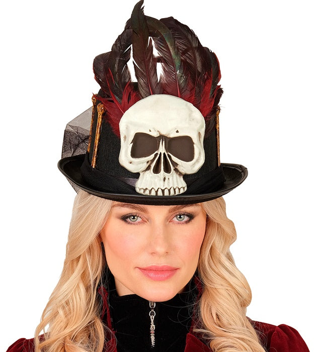 Schwarzer Voodoo Zylinder mit Totenkopf und Knochen als Halloween-Accessoire