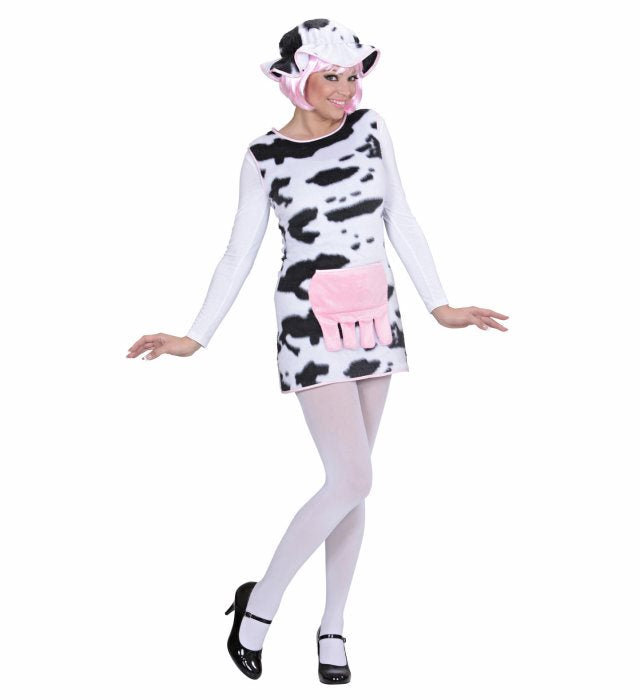 Kuh-Kostüm bestehend aus Kleid und Hut in typischem Kuhmuster für Fasnacht