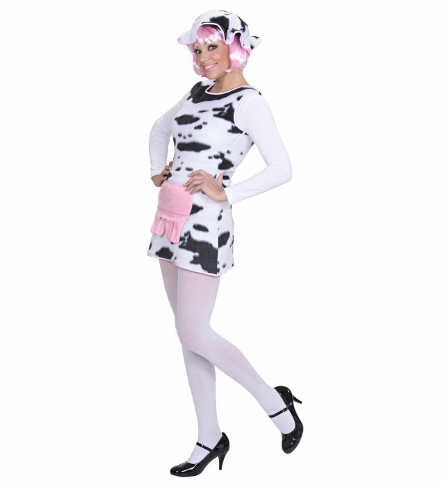 Kuh-Kostüm bestehend aus Kleid und Hut in typischem Kuhmuster für Fasnacht
