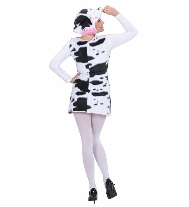 Kuh-Kostüm bestehend aus Kleid und Hut in typischem Kuhmuster für Fasnacht