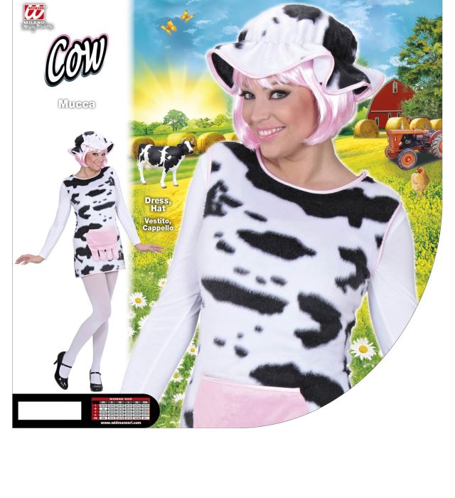 Kuh-Kostüm bestehend aus Kleid und Hut in typischem Kuhmuster für Fasnacht