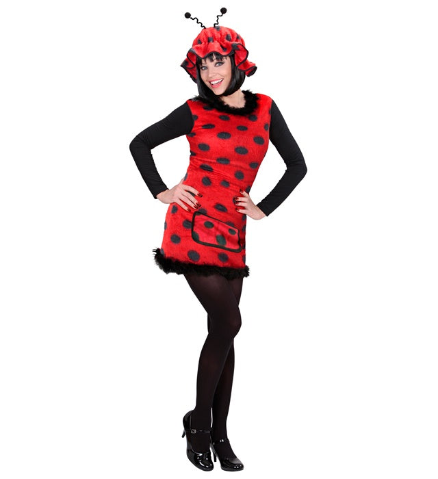Marienkäfer-Kostüm bestehend aus rotem Kleid mit schwarzen Punkten und passendem Hut