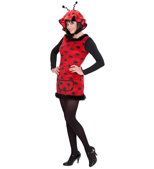 Marienkäfer-Kostüm bestehend aus rotem Kleid mit schwarzen Punkten und passendem Hut