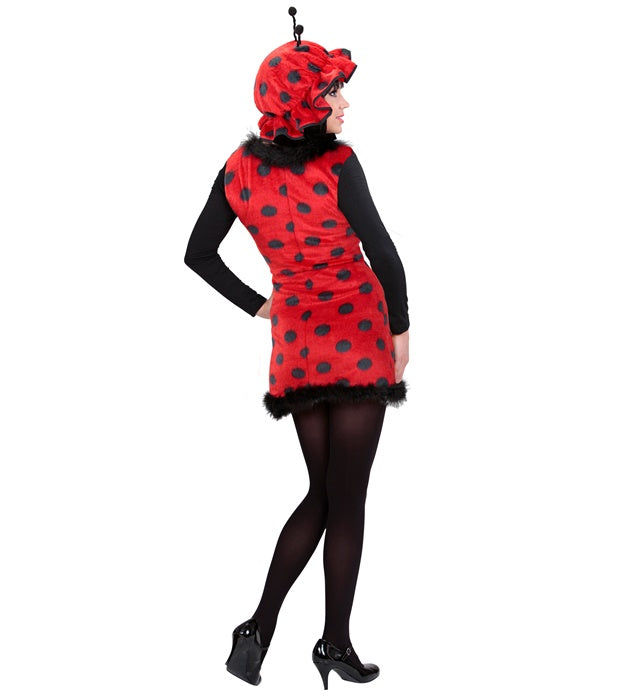 Marienkäfer-Kostüm bestehend aus rotem Kleid mit schwarzen Punkten und passendem Hut