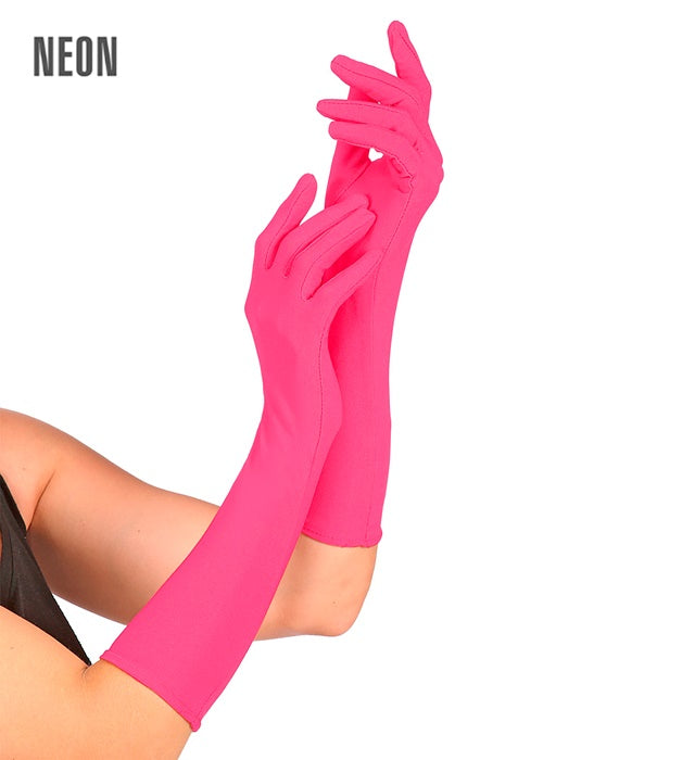 Neonpinke lange Handschuhe auf weißem Hintergrund, geeignet für Fasnacht und Karneval