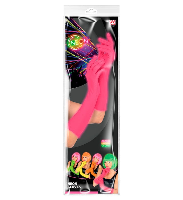 Neonpinke lange Handschuhe auf weißem Hintergrund, geeignet für Fasnacht und Karneval