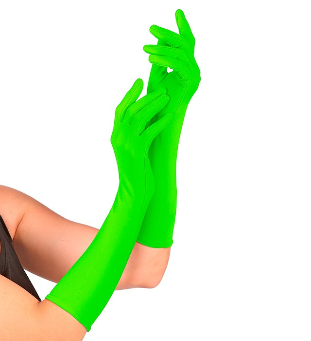 Neon-grüne lange Handschuhe auf weißem Hintergrund