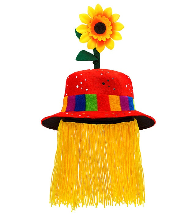 Roter Clownhut aus Pannesamt mit lustigen Haaren und gelber Sonnenblume