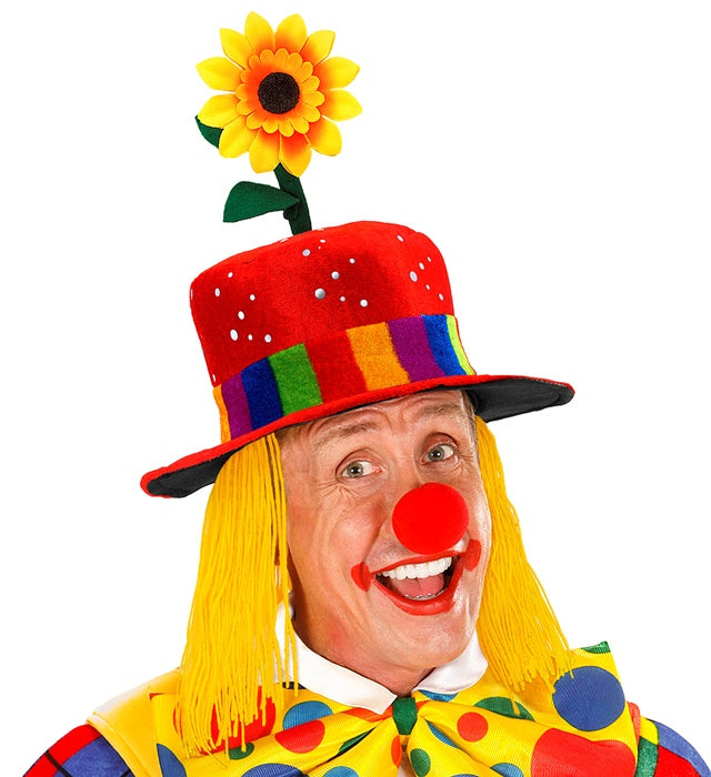Roter Clownhut aus Pannesamt mit lustigen Haaren und gelber Sonnenblume