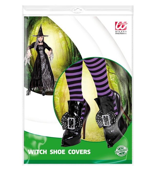 Schuhüberzieher Hexe aus schwarzem Vinyl mit Schnalle und Dekoration