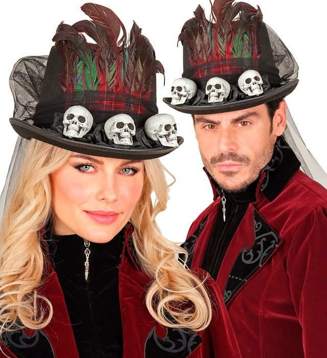 Voodoo Zylinder mit Totenköpfen als Halloween- und Fasnacht-Accessoire