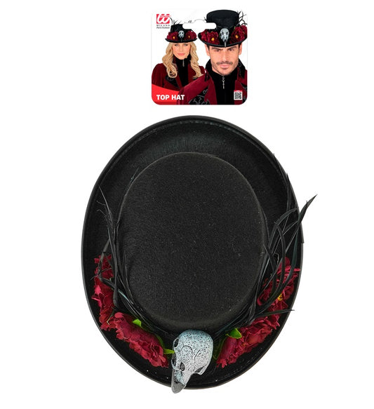 Voodoo Zylinder mit Geierschädel und Blumen 12 cm, Halloween Accessoire