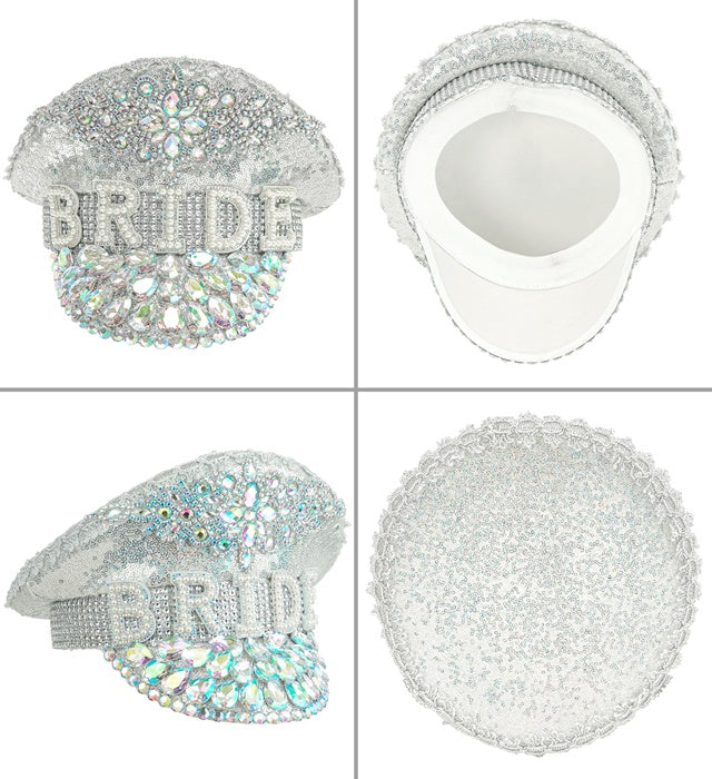 Festival Kappe Bride mit silbernen Glitzersteinen auf weißem Hintergrund