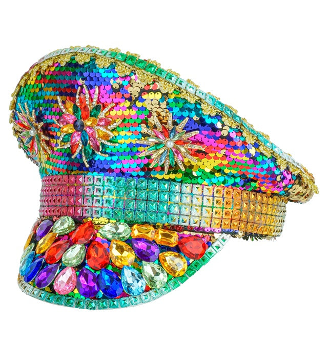 Bunte Festival Kappe mit Regenbogen-Pailletten und Glitzersteinen
