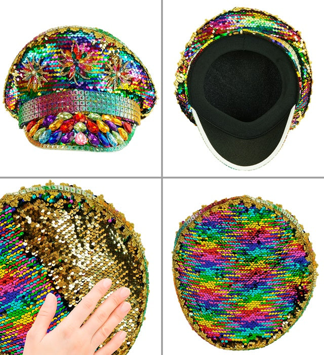 Bunte Festival Kappe mit Regenbogen-Pailletten und Glitzersteinen