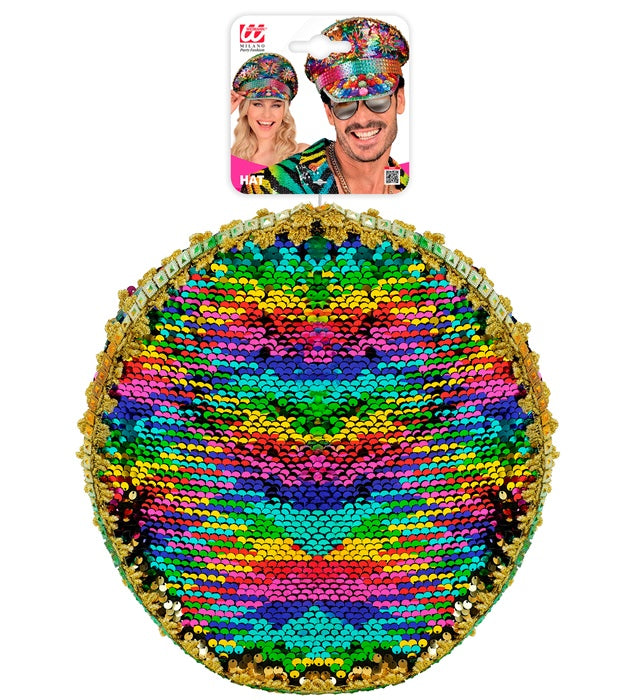 Bunte Festival Kappe mit Regenbogen-Pailletten und Glitzersteinen