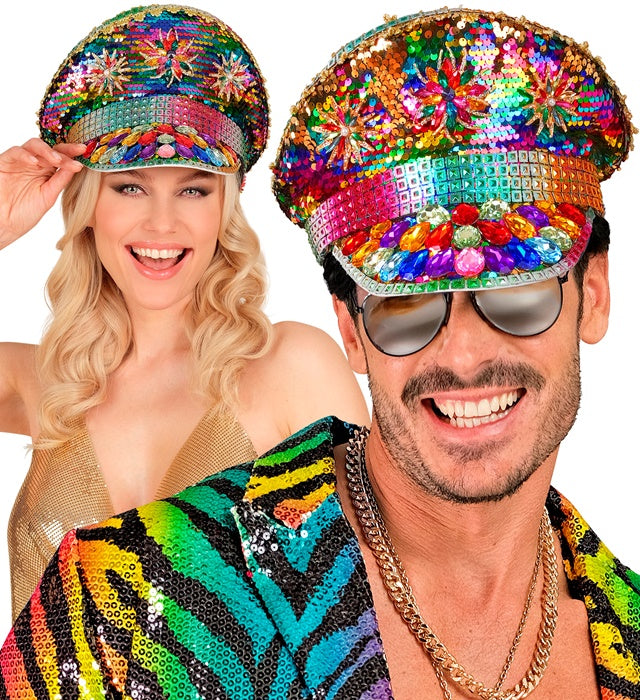 Bunte Festival Kappe mit Regenbogen-Pailletten und Glitzersteinen