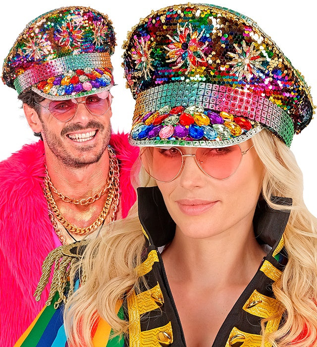 Bunte Festival Kappe mit Regenbogen-Pailletten und Glitzersteinen