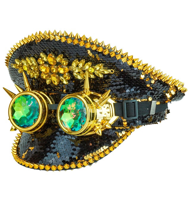 Festival-Kappe mit schwarzen und goldenen Wendepailletten und kaleidoskopischer Brille mit Stacheln