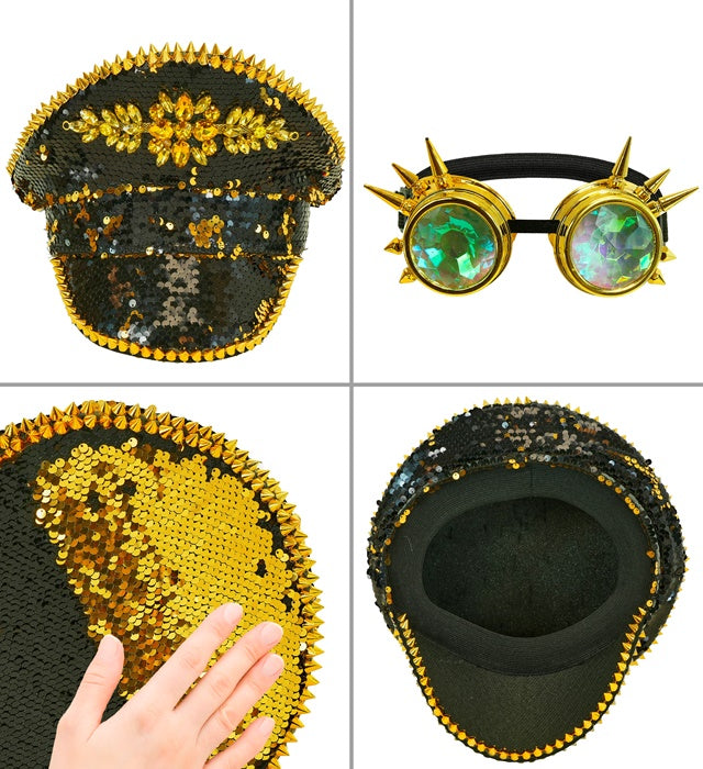 Festival-Kappe mit schwarzen und goldenen Wendepailletten und kaleidoskopischer Brille mit Stacheln