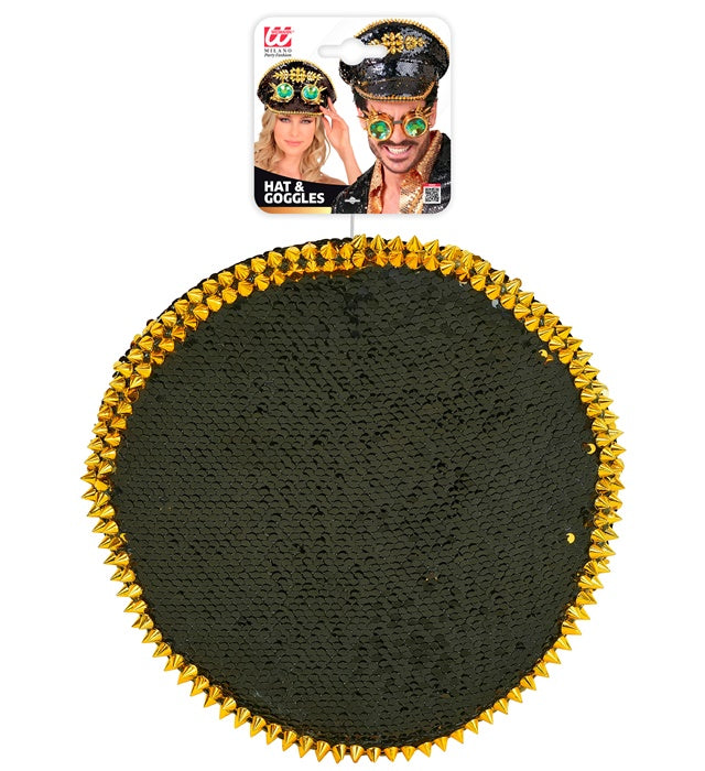 Festival-Kappe mit schwarzen und goldenen Wendepailletten und kaleidoskopischer Brille mit Stacheln
