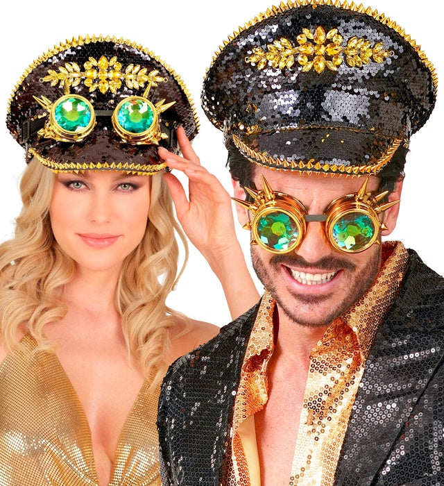Festival-Kappe mit schwarzen und goldenen Wendepailletten und kaleidoskopischer Brille mit Stacheln