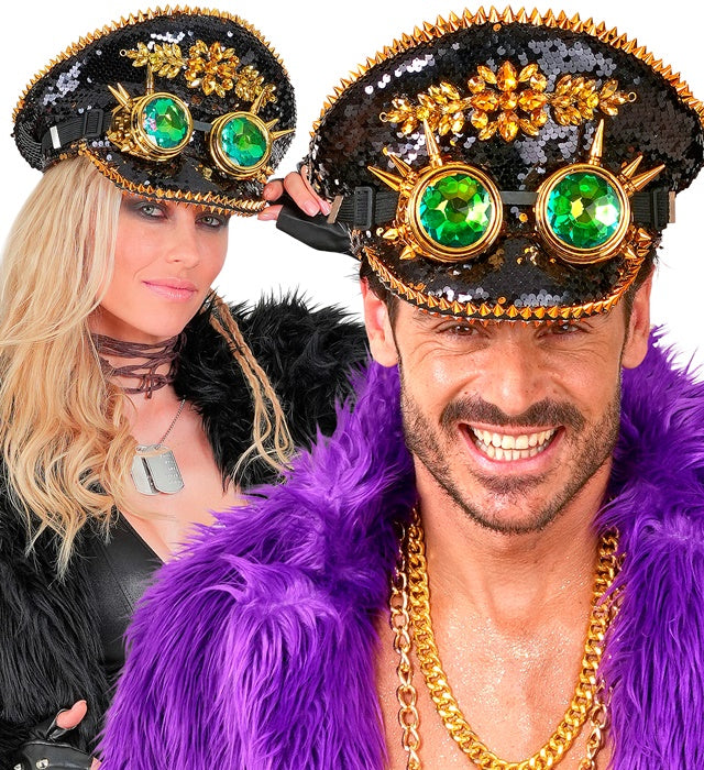 Festival-Kappe mit schwarzen und goldenen Wendepailletten und kaleidoskopischer Brille mit Stacheln