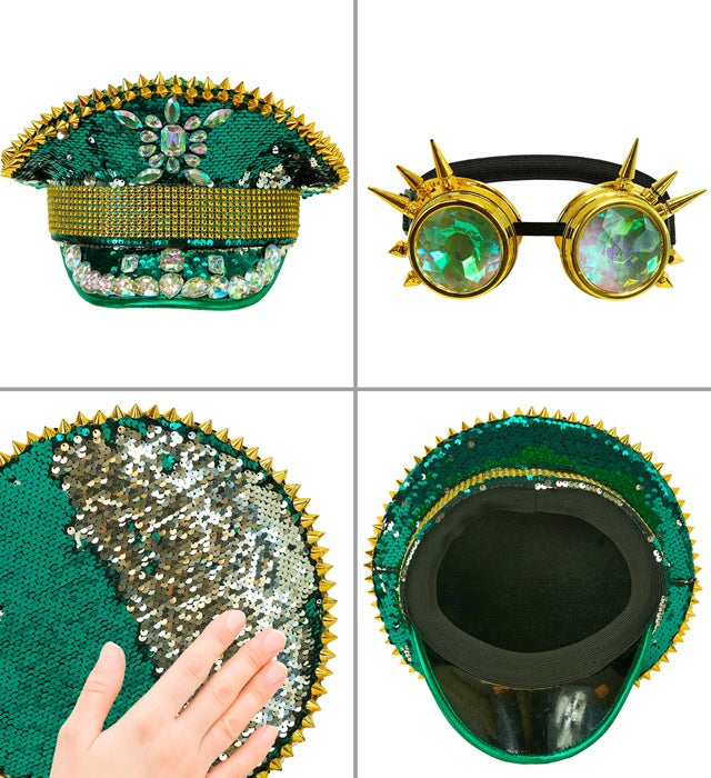 Grüne Festival-Kappe mit Pailletten, Stacheln und kaleidoskopischer Brille
