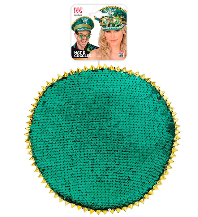 Grüne Festival-Kappe mit Pailletten, Stacheln und kaleidoskopischer Brille