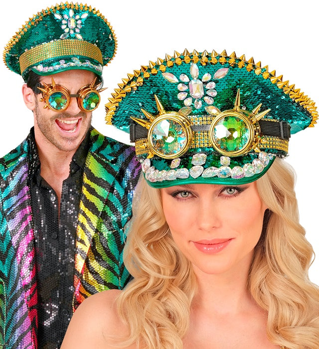 Grüne Festival-Kappe mit Pailletten, Stacheln und kaleidoskopischer Brille