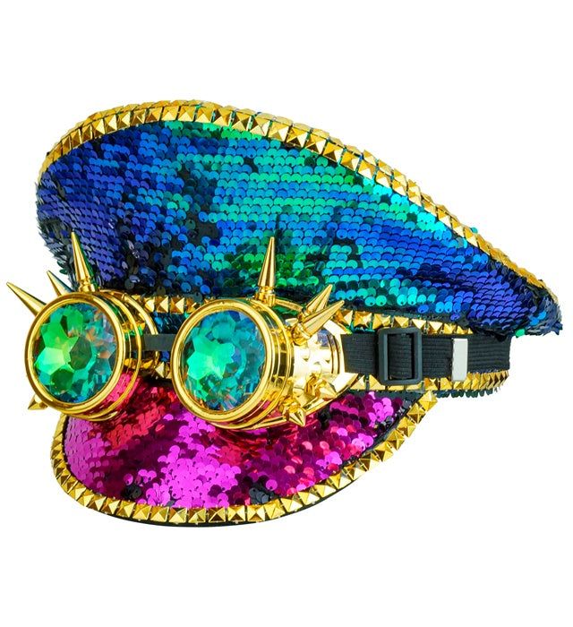 Festival-Kappe mit bunten Pailletten und kaleidoskopischer Brille mit Stacheln