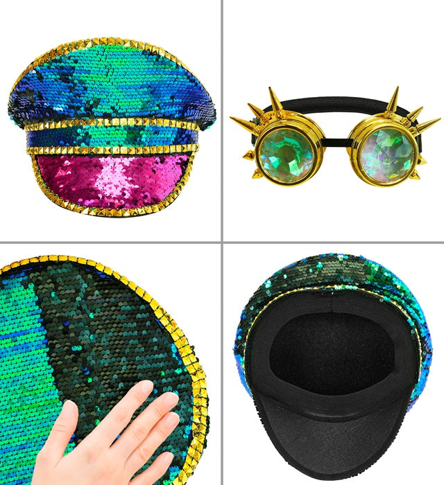 Festival-Kappe mit bunten Pailletten und kaleidoskopischer Brille mit Stacheln