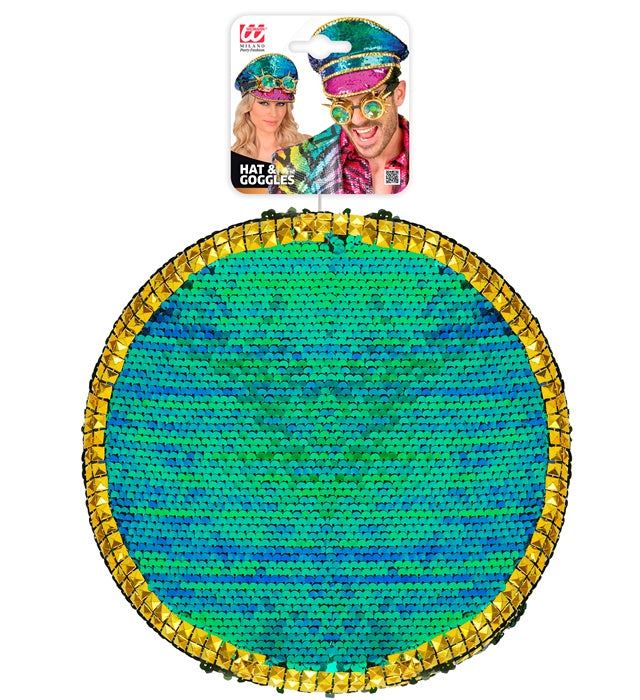 Festival-Kappe mit bunten Pailletten und kaleidoskopischer Brille mit Stacheln