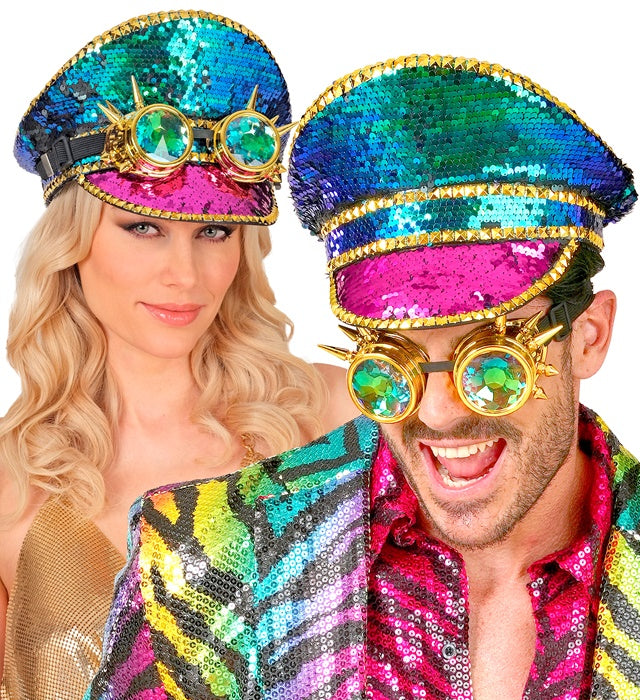 Festival-Kappe mit bunten Pailletten und kaleidoskopischer Brille mit Stacheln