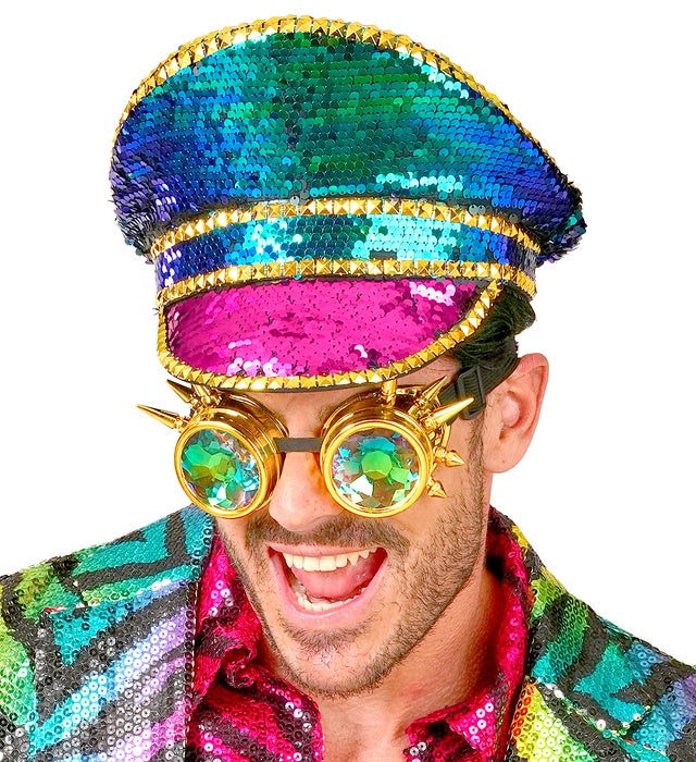 Festival-Kappe mit bunten Pailletten und kaleidoskopischer Brille mit Stacheln