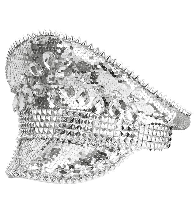 Silberne Festival Kappe mit Pailletten, Nieten und Glitzersteinen