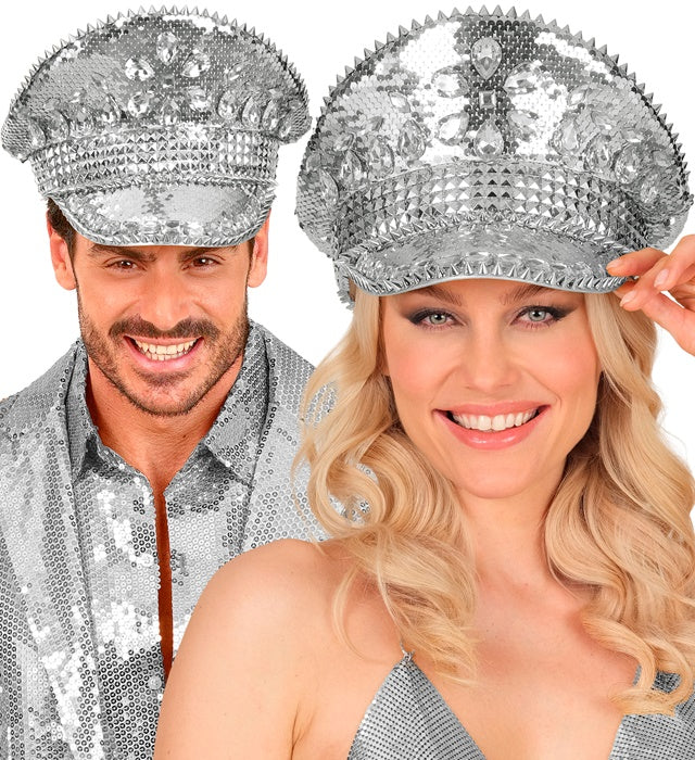 Silberne Festival Kappe mit Pailletten, Nieten und Glitzersteinen
