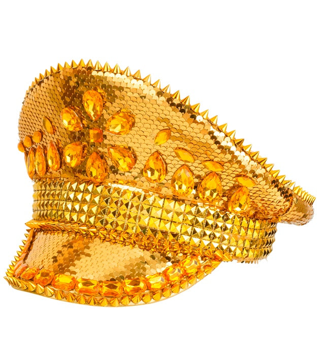 Goldene Festival Kappe mit Pailletten, Nieten und Glitzersteinen