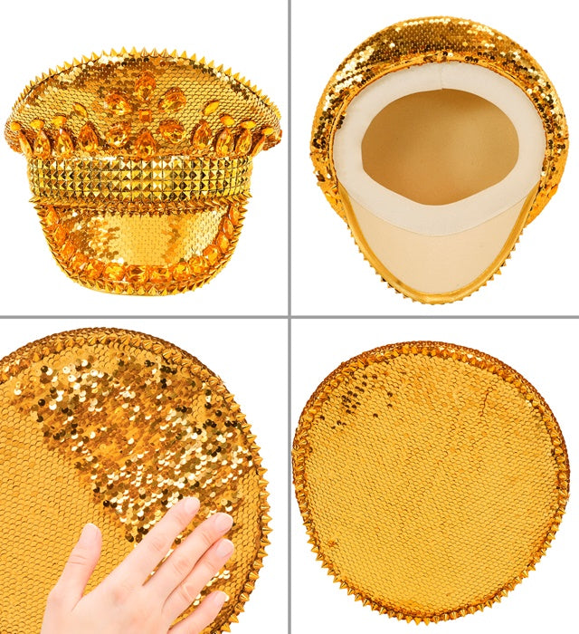 Goldene Festival Kappe mit Pailletten, Nieten und Glitzersteinen