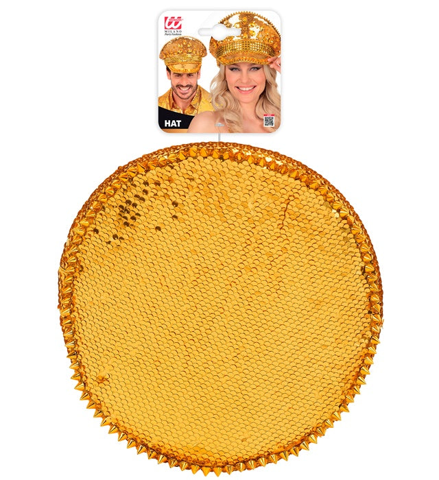 Goldene Festival Kappe mit Pailletten, Nieten und Glitzersteinen