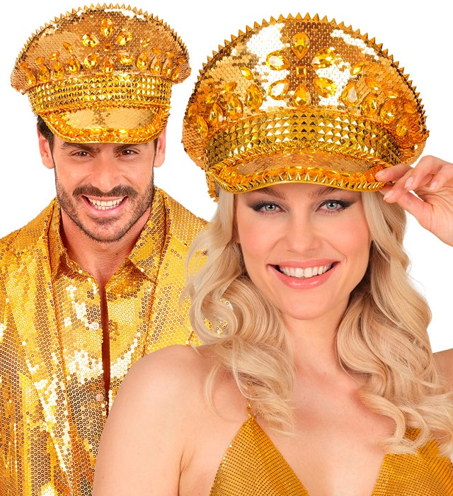 Goldene Festival Kappe mit Pailletten, Nieten und Glitzersteinen