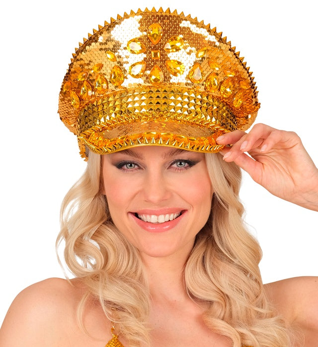 Goldene Festival Kappe mit Pailletten, Nieten und Glitzersteinen