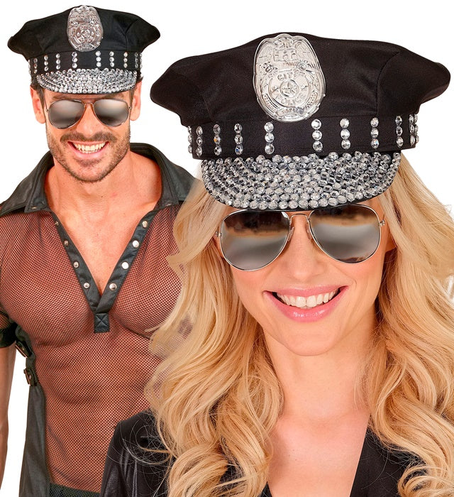 Strass Polizeimütze mit glitzernden Steinen für Fasnacht und Karneval