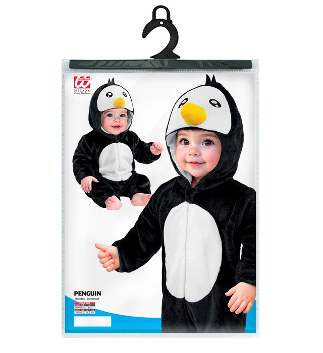 Pinguin Plüschkostüm mit Kapuze auf weißem Hintergrund