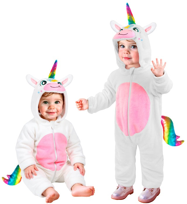 Einhorn Plüschkostüm Overall mit Kapuze in weiss und bunten Details